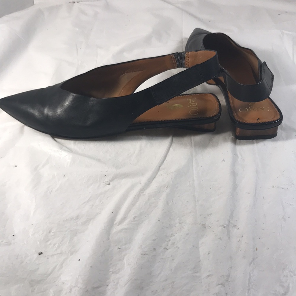 Sarto Women’s Elegant Black Leather Pointy Toe Triangular Heel Slingback Flats - Picture 4 of 8